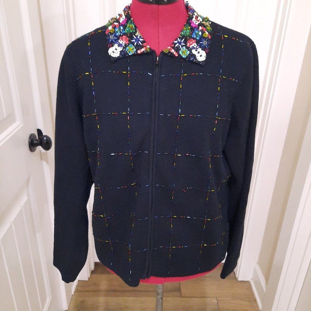Marisa Christina sz Large L Christmas cardigan sweater beaded collar black 2003